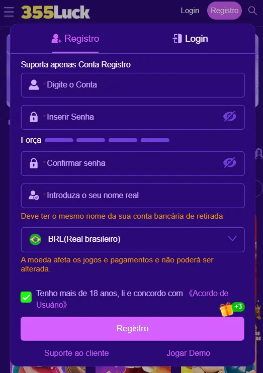 registro e login em brasil